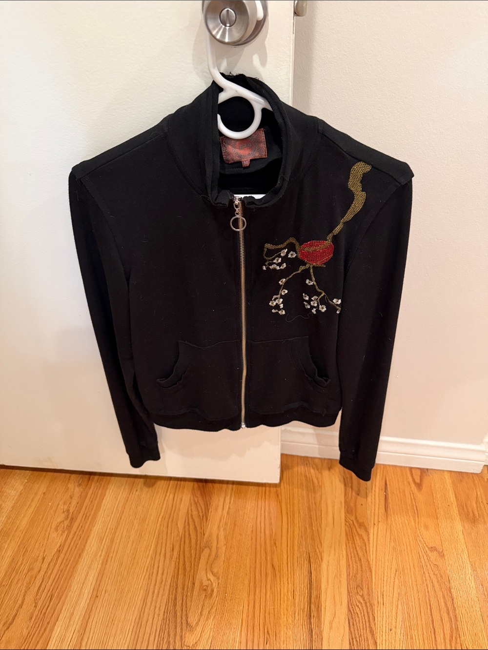 Lightweight sweatshirt material Black Embellished Zip-Front Women's bomberJacket